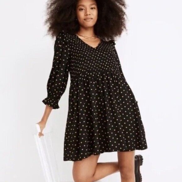 MADEWELL BLACK/TAN BABYDOLL V-NECK BOHO PLEAT RUFFLE SHORT DRESS SZ S - Picture 5 of 5